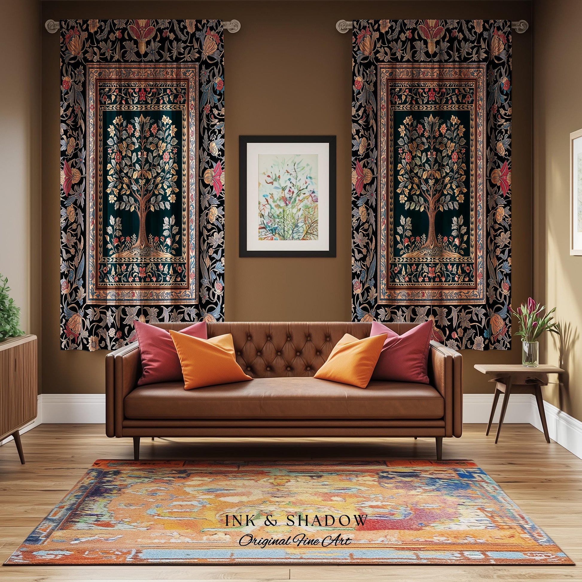 Victorian Folk Art Tree Curtain | Floral Morris Inspired Accent Drapes Red Roses Ornate Rococo Classical Medieval Garden Design Maximalist |