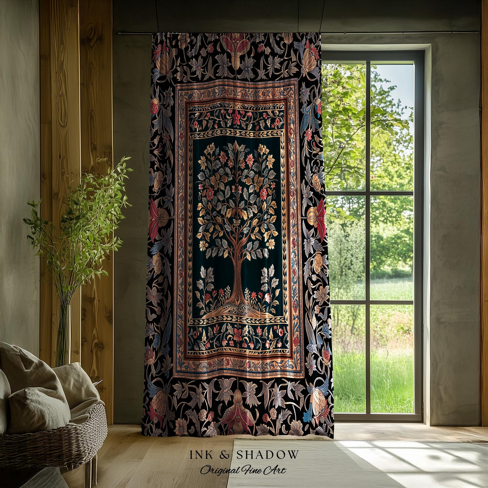 Victorian Folk Art Tree Curtain | Floral Morris Inspired Accent Drapes Red Roses Ornate Rococo Classical Medieval Garden Design Maximalist |