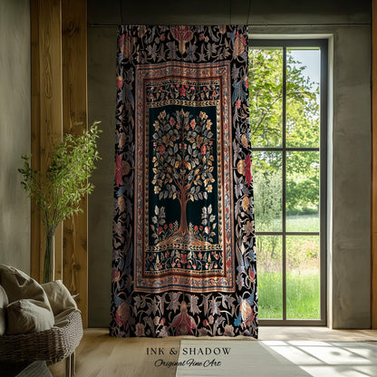 Victorian Folk Art Tree Curtain | Floral Morris Inspired Accent Drapes Red Roses Ornate Rococo Classical Medieval Garden Design Maximalist |