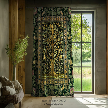 Golden Aesthetic Tree of Life Curtains | Emerald Botanical Decor Romantic Folklore Gothic Tapestry Style Vintage Floral Maximalist Drapes |