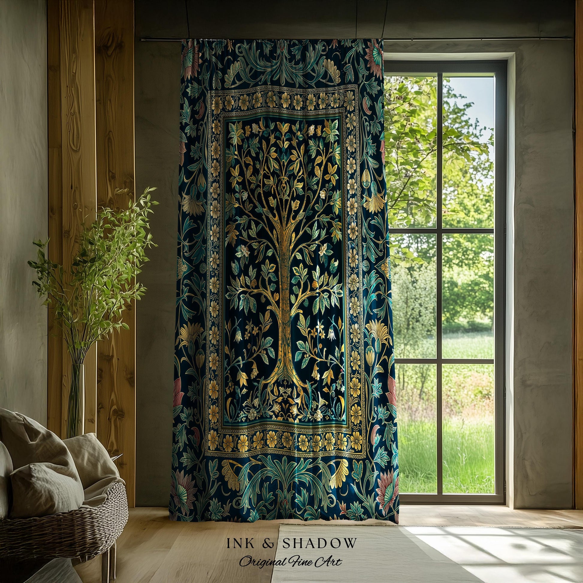 Elegant Cool Toned Tree Curtain | Enchanted Bohemian Decor Ornate Botanical Accent Romantic Maximalist Gothic Style Living Room Drapes Boho