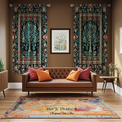 Mystic Ornamental Morris Inspired Tree Curtain | Cool Tones Botanical Design Fairytale Floral Drapes Romantic Aesthetic Rococo Cottagecore |