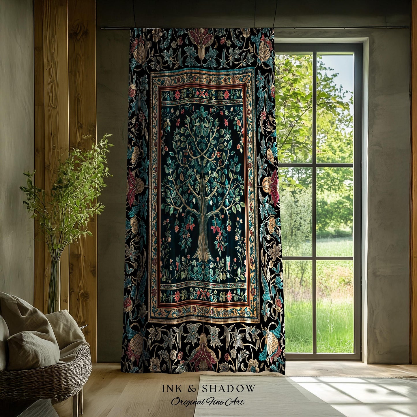 Mystic Ornamental Morris Inspired Tree Curtain | Cool Tones Botanical Design Fairytale Floral Drapes Romantic Aesthetic Rococo Cottagecore |