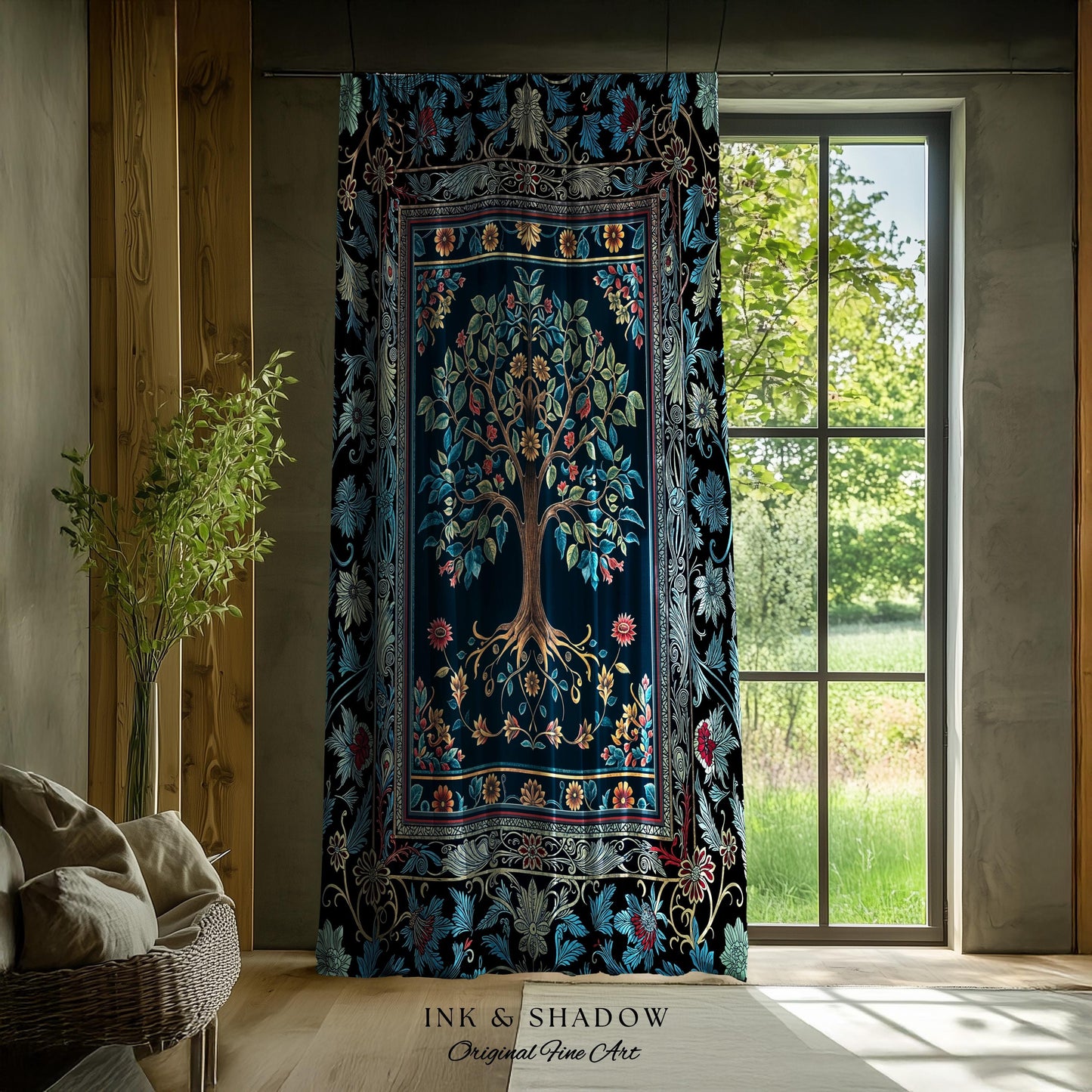 Moody Gothic Blues Tree of Life Curtain | Mystical Garden Theme Vintage Floral Decor Romantic Folk Art Forestcore Maximalist Bedroom Drapes