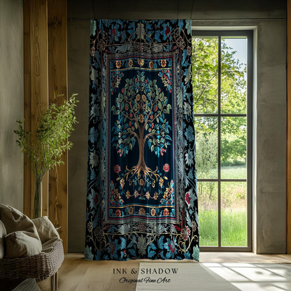 Moody Gothic Blues Tree of Life Curtain | Mystical Garden Theme Vintage Floral Decor Romantic Folk Art Forestcore Maximalist Bedroom Drapes