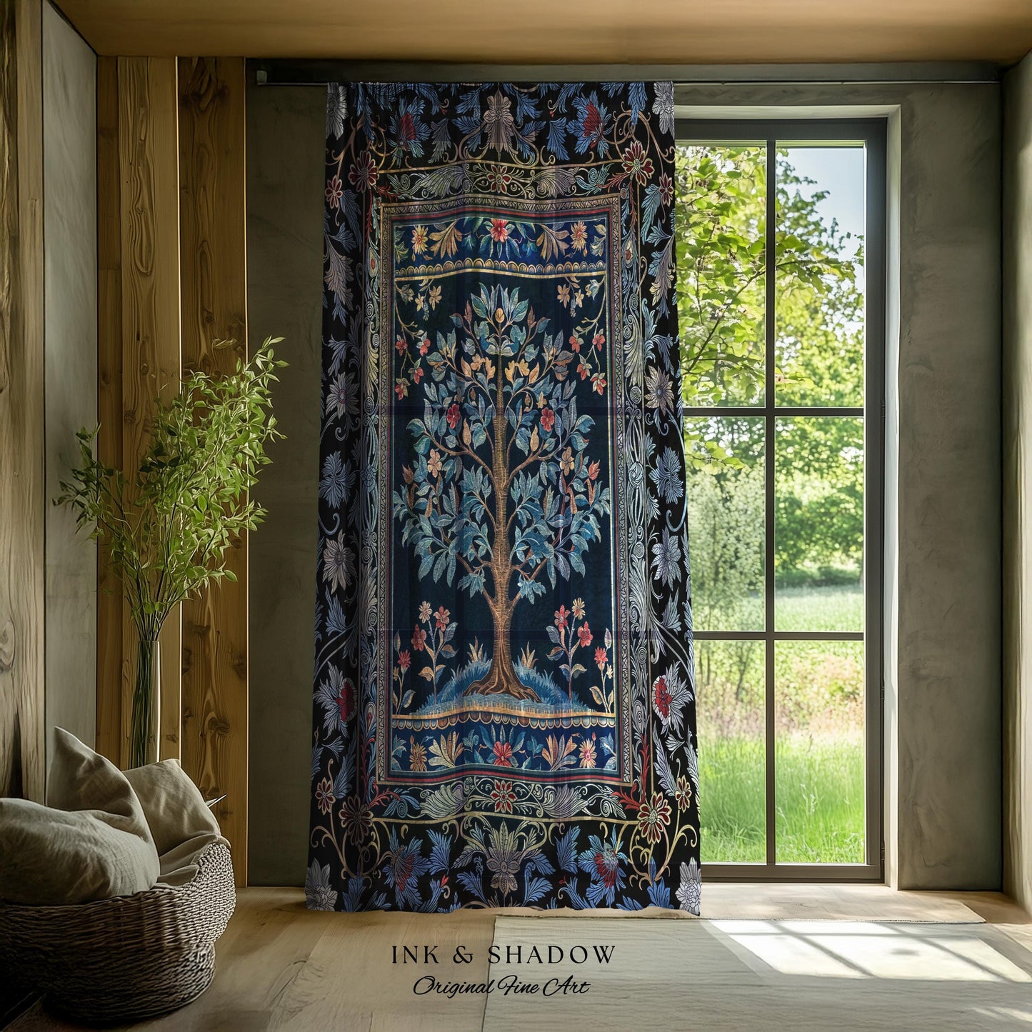 Dark Woodland Rich Baroque Tree of Life Curtain | Intricate Garden Decor Romantic Baroque Floral Accent Morris Inspired Woodland Drapes |