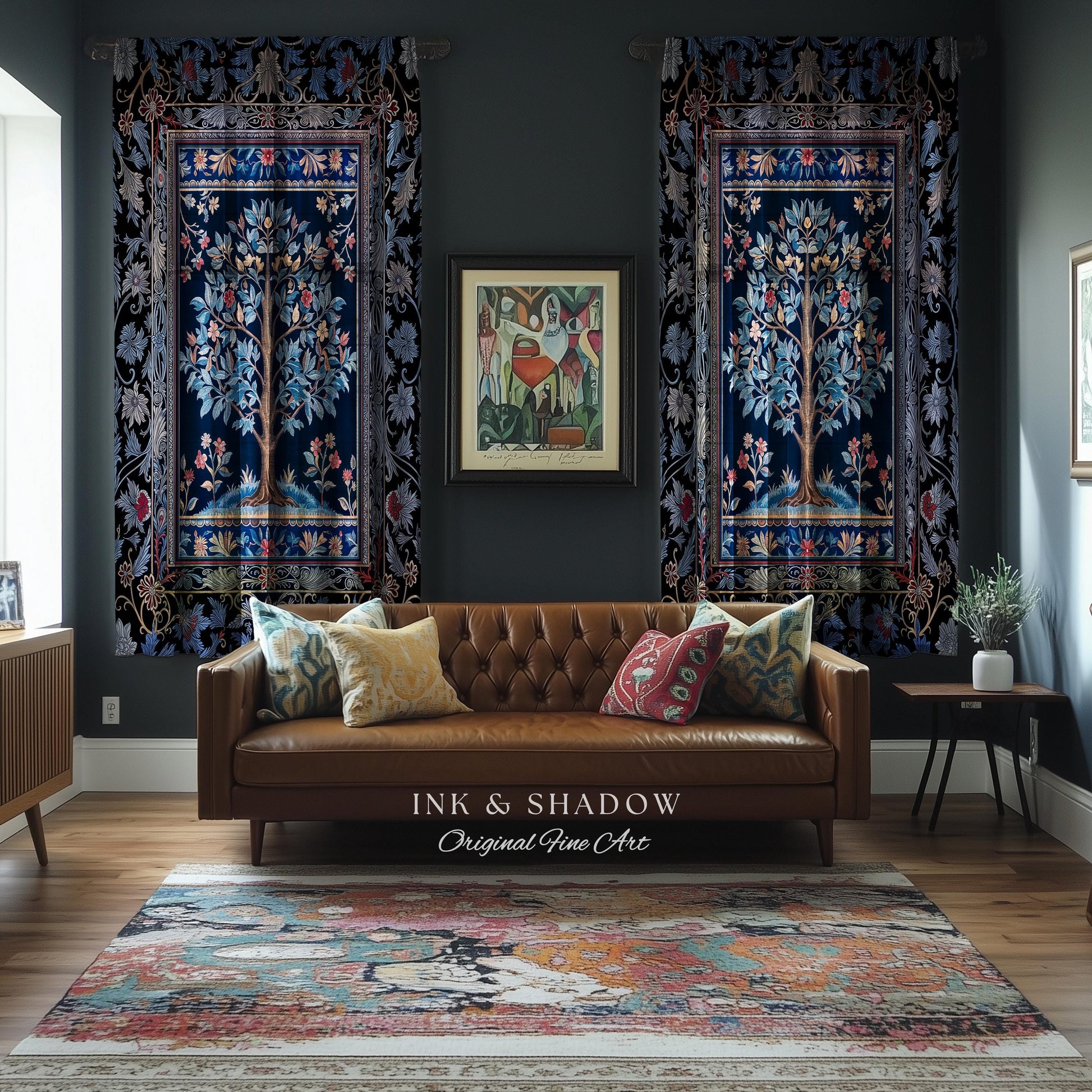 Dark Woodland Rich Baroque Tree of Life Curtain | Intricate Garden Decor Romantic Baroque Floral Accent Morris Inspired Woodland Drapes |