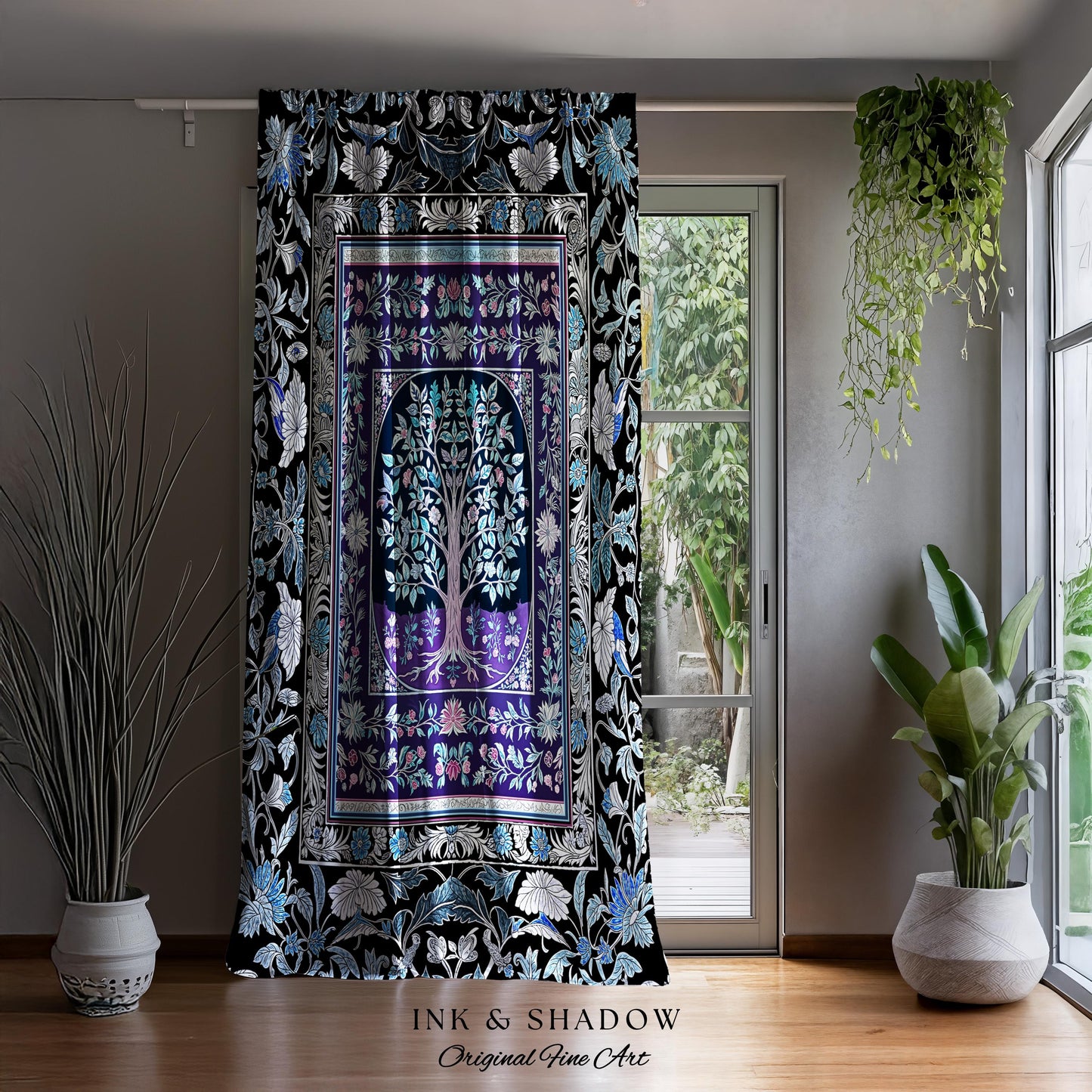Icy Blue Pastel Gothic Tree Drapes | Dark Academia Home Accent Romantic Botanical Vintage Floral Maximalist Cottagecore Decor Goth Curtains