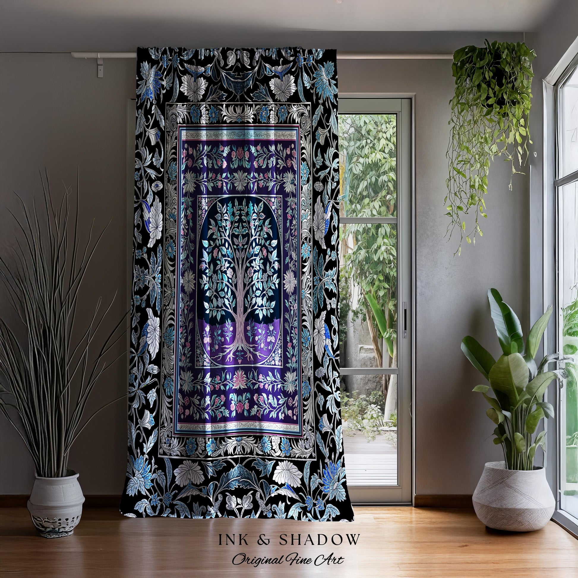 Icy Blue Pastel Gothic Tree Drapes | Dark Academia Home Accent Romantic Botanical Vintage Floral Maximalist Cottagecore Decor Goth Curtains
