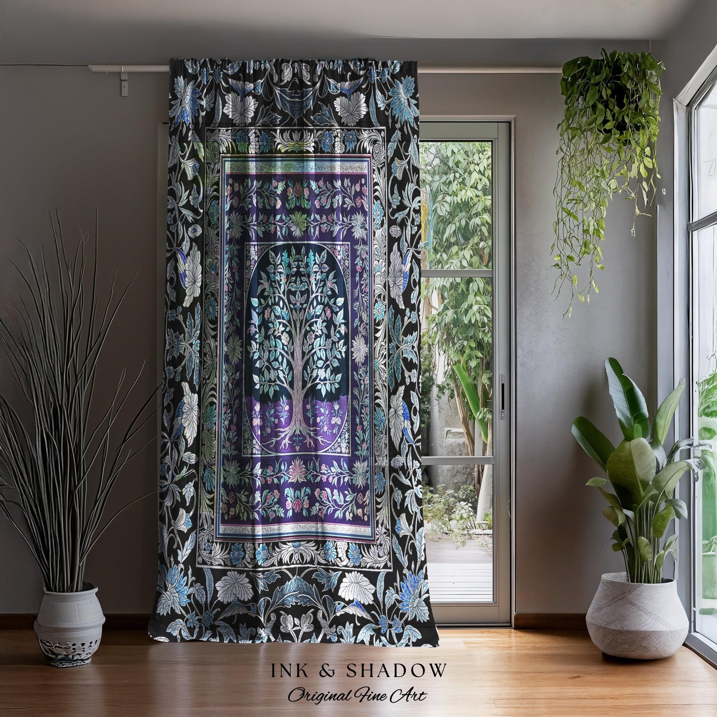 Icy Blue Pastel Gothic Tree Drapes | Dark Academia Home Accent Romantic Botanical Vintage Floral Maximalist Cottagecore Decor Goth Curtains