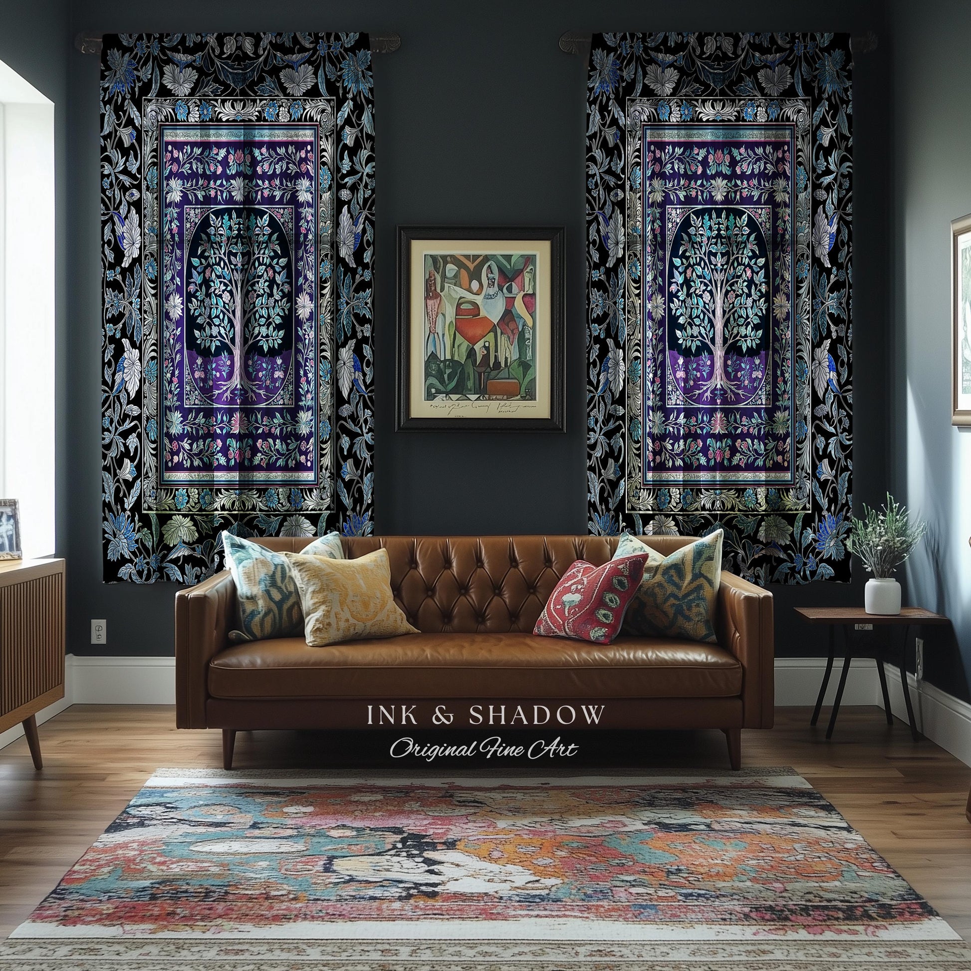 Icy Blue Pastel Gothic Tree Drapes | Dark Academia Home Accent Romantic Botanical Vintage Floral Maximalist Cottagecore Decor Goth Curtains