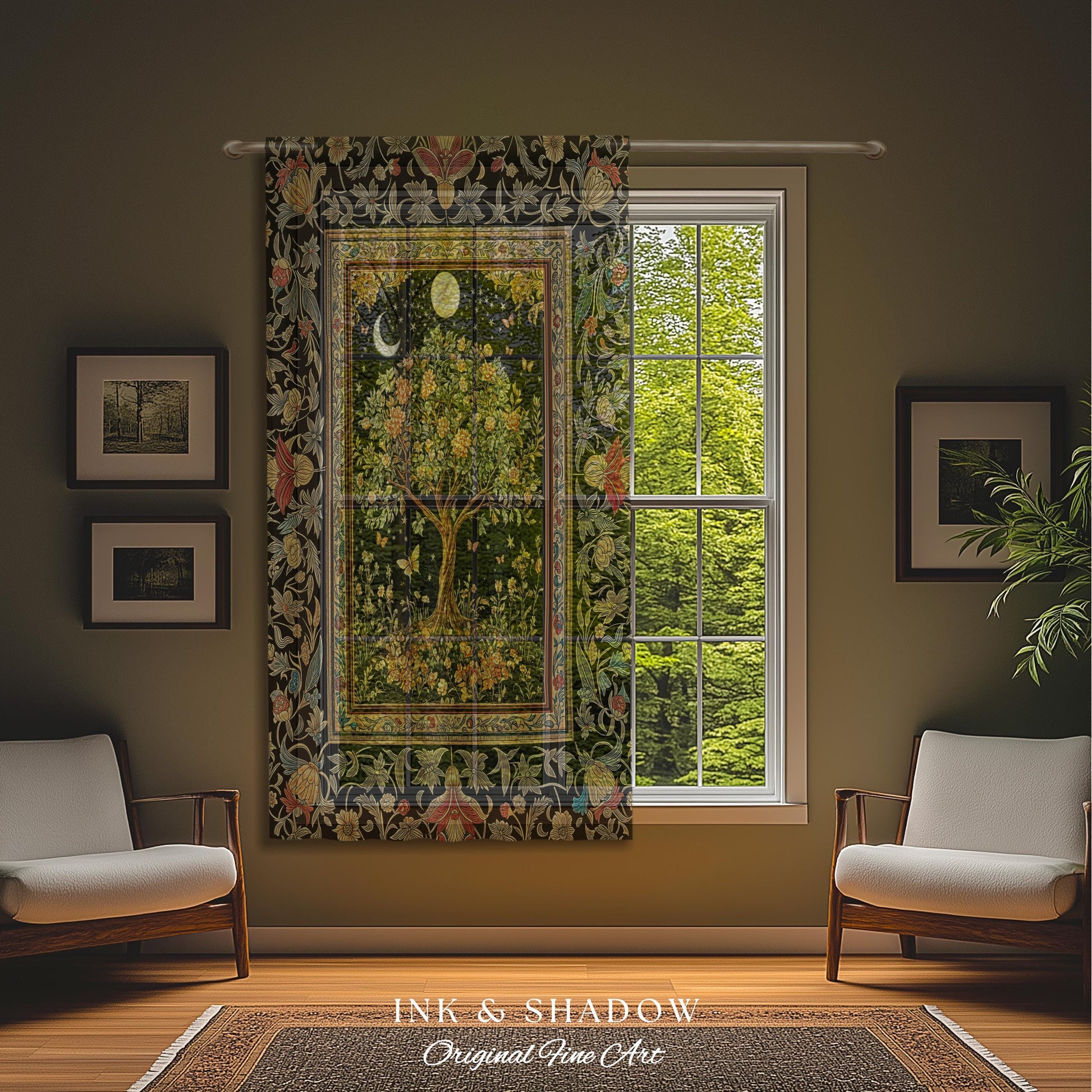 Rustic Medieval Fairycore Curtain | Gothic Forest Home Decor Maximalist Aesthetic Housewarming Gift Parisian Living Room Drapes Chateaucore