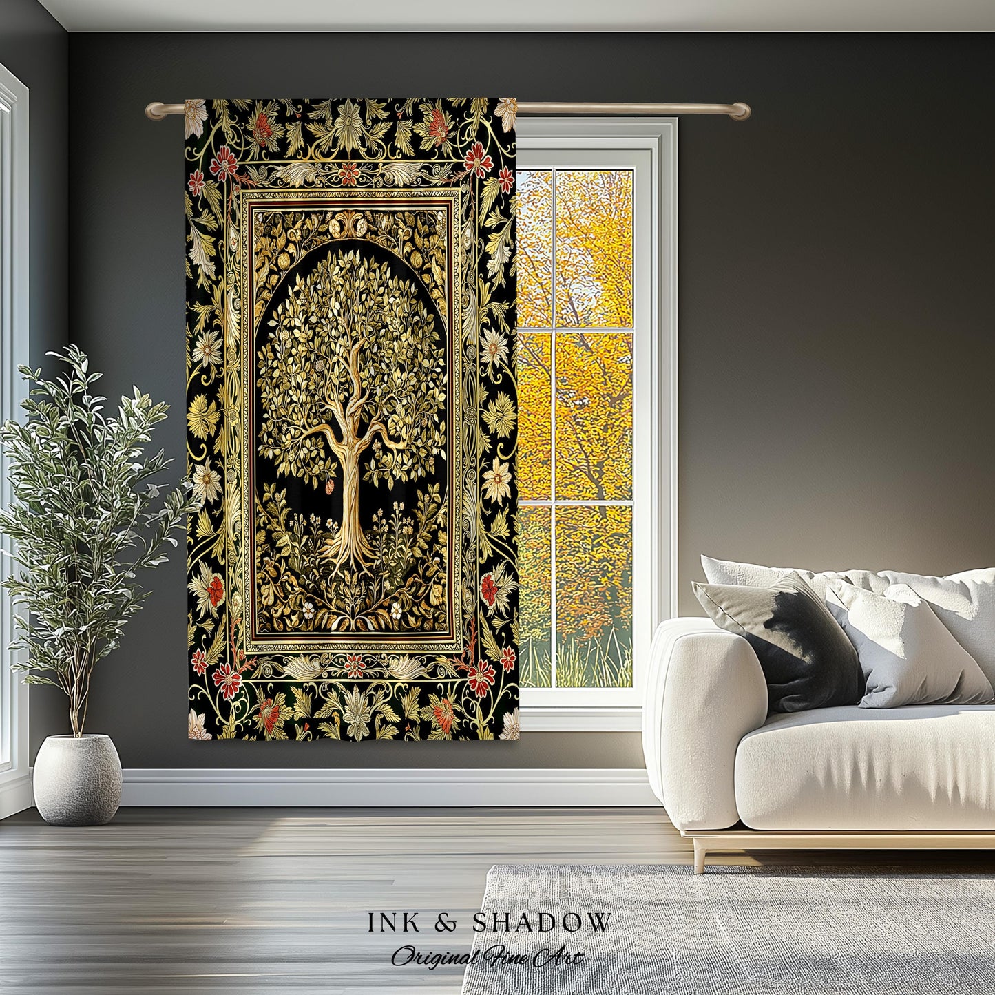 Tree of Life Fairytale Inspired Drapes | Celestial Folk Art Decor Cottagecore Folklore Style Curtains Housewarming Gift Cozy Bedroom Accent