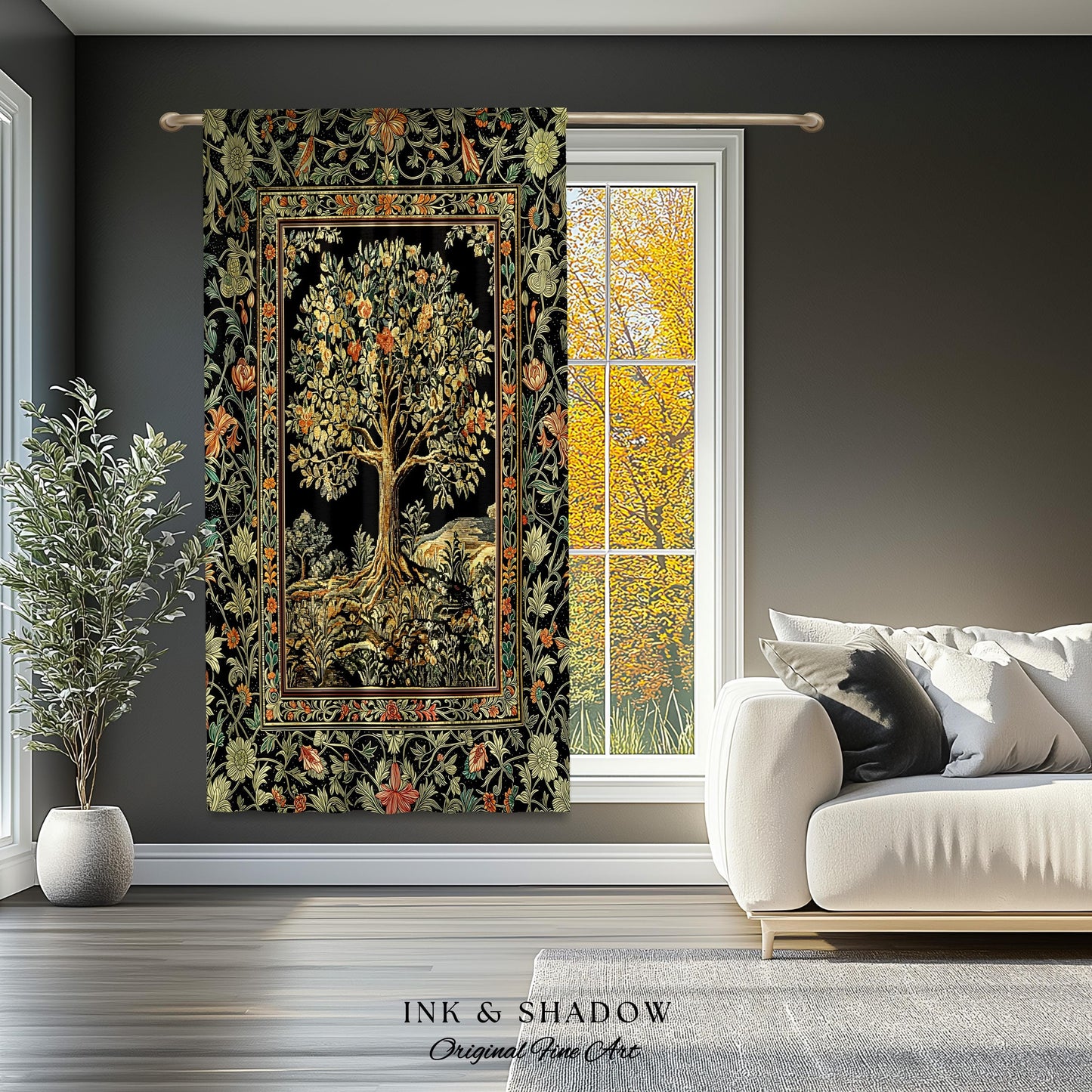 Regal Woodland Tree Curtains | Floral Heritage Decor Drapes Parisian Style Gothic Cottagecore Aesthetic Traditional Room Accent Chateaucore
