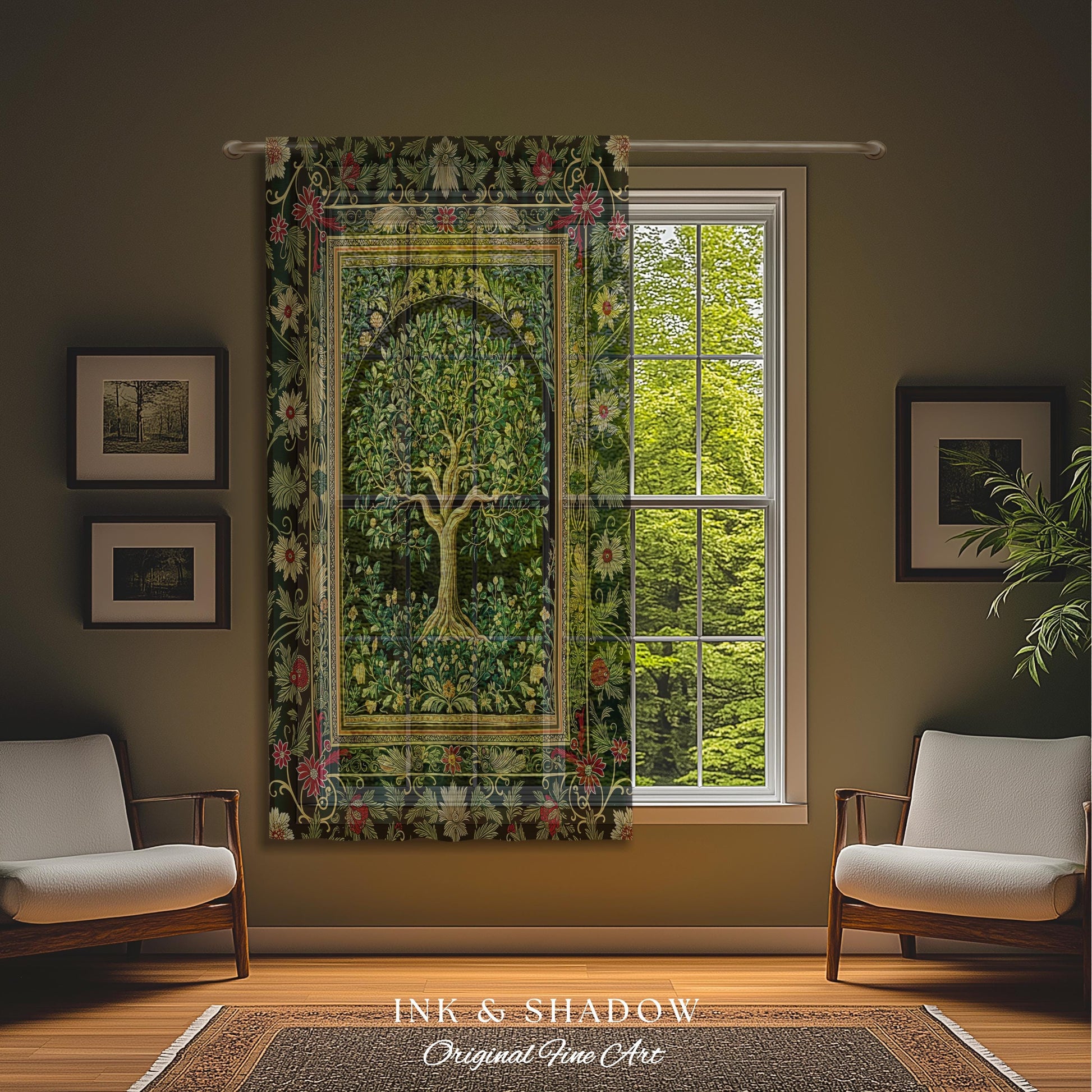 Forest Green Heritage Tree Curtain | Lush Botanical Tapestry Style Emerald Floral Drapes Vintage Cottagecore Maximalist Medieval Aesthetic