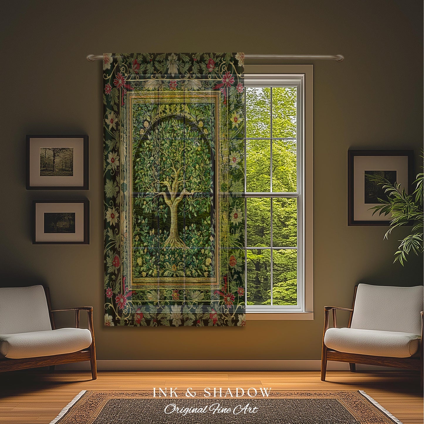 Forest Green Heritage Tree Curtain | Lush Botanical Tapestry Style Emerald Floral Drapes Vintage Cottagecore Maximalist Medieval Aesthetic