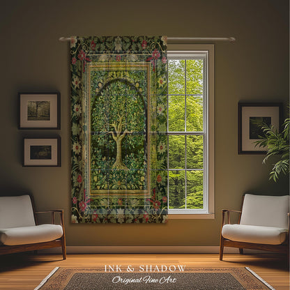 Forest Green Heritage Tree Curtain | Lush Botanical Tapestry Style Emerald Floral Drapes Vintage Cottagecore Maximalist Medieval Aesthetic