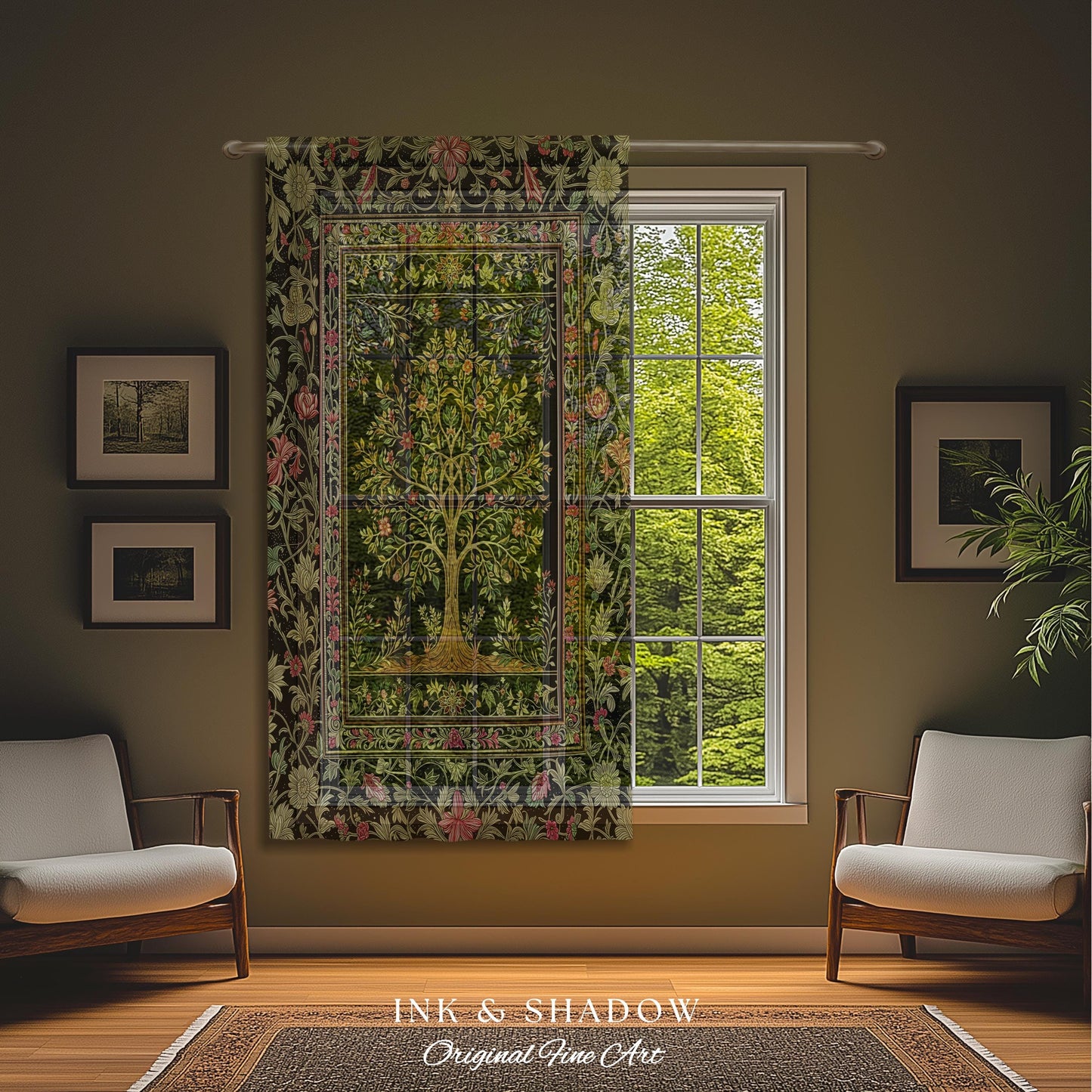 Art Nouveau Maximalist Tree Curtains | Ornate Botanical Drapes Tree of Life Motif Medieval Floral Pattern Romantic Style Morris Inspired |