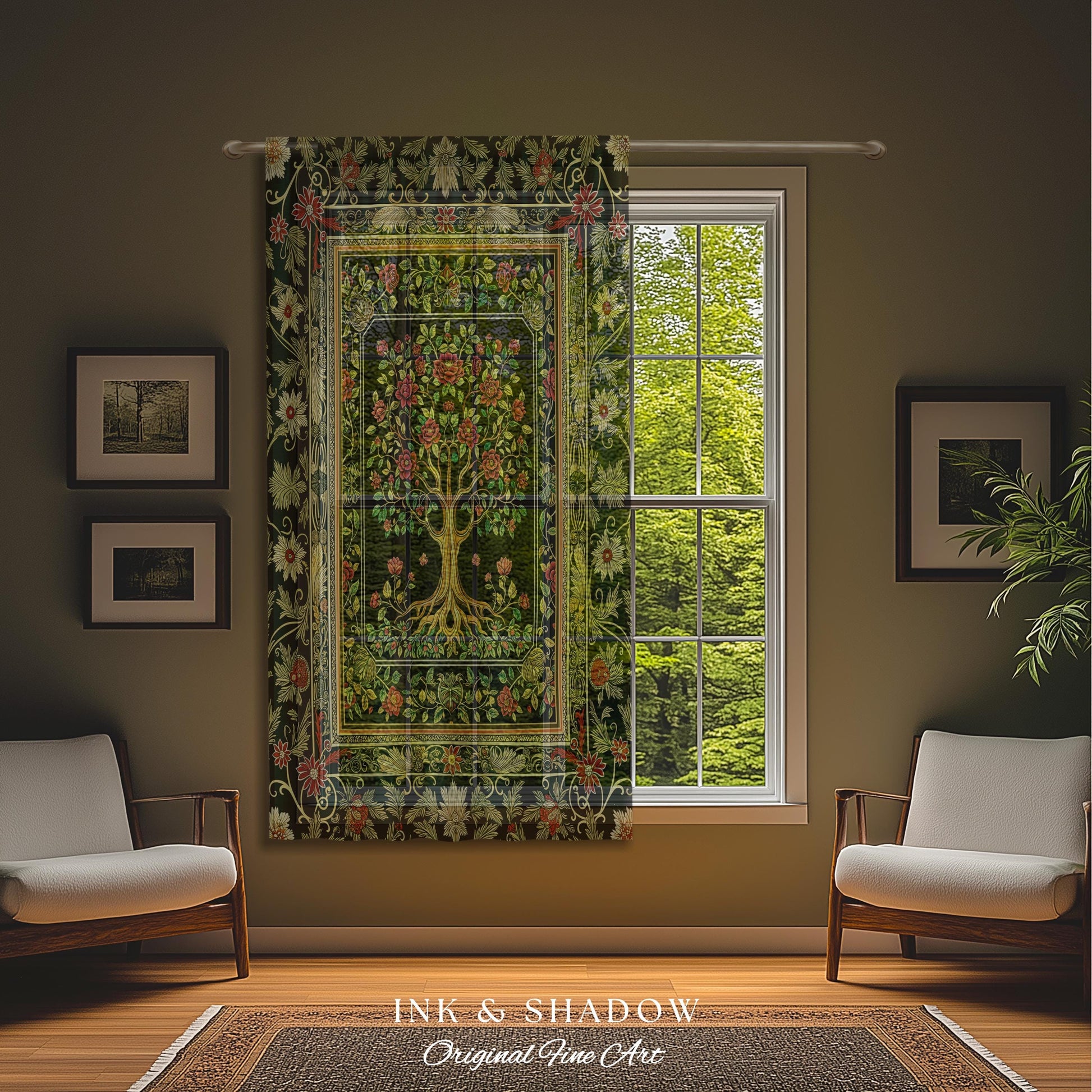 Floral Victorian Garden Tree Curtain | Baroque Floral Design Folk Art Inspired Medieval Botanical Decor Romantic Rococo Cottagecore Drapes |