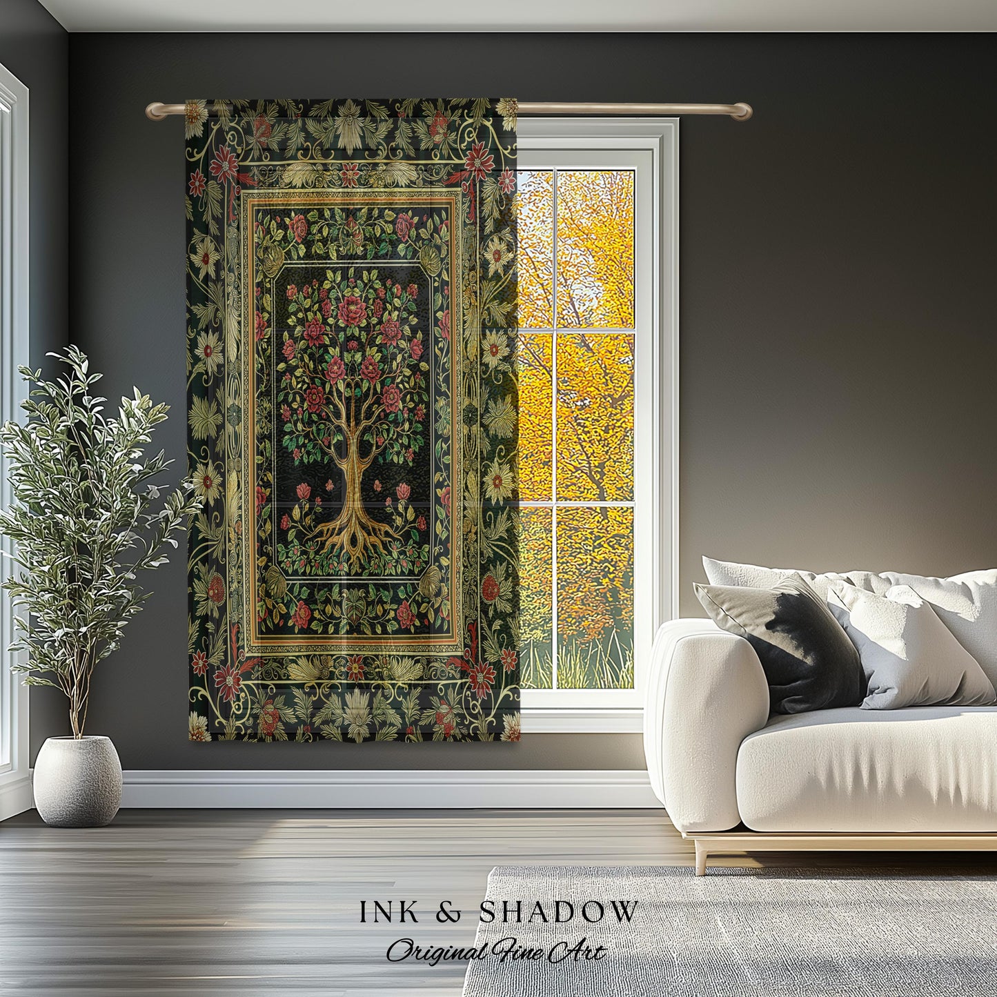 Floral Victorian Garden Tree Curtain | Baroque Floral Design Folk Art Inspired Medieval Botanical Decor Romantic Rococo Cottagecore Drapes |
