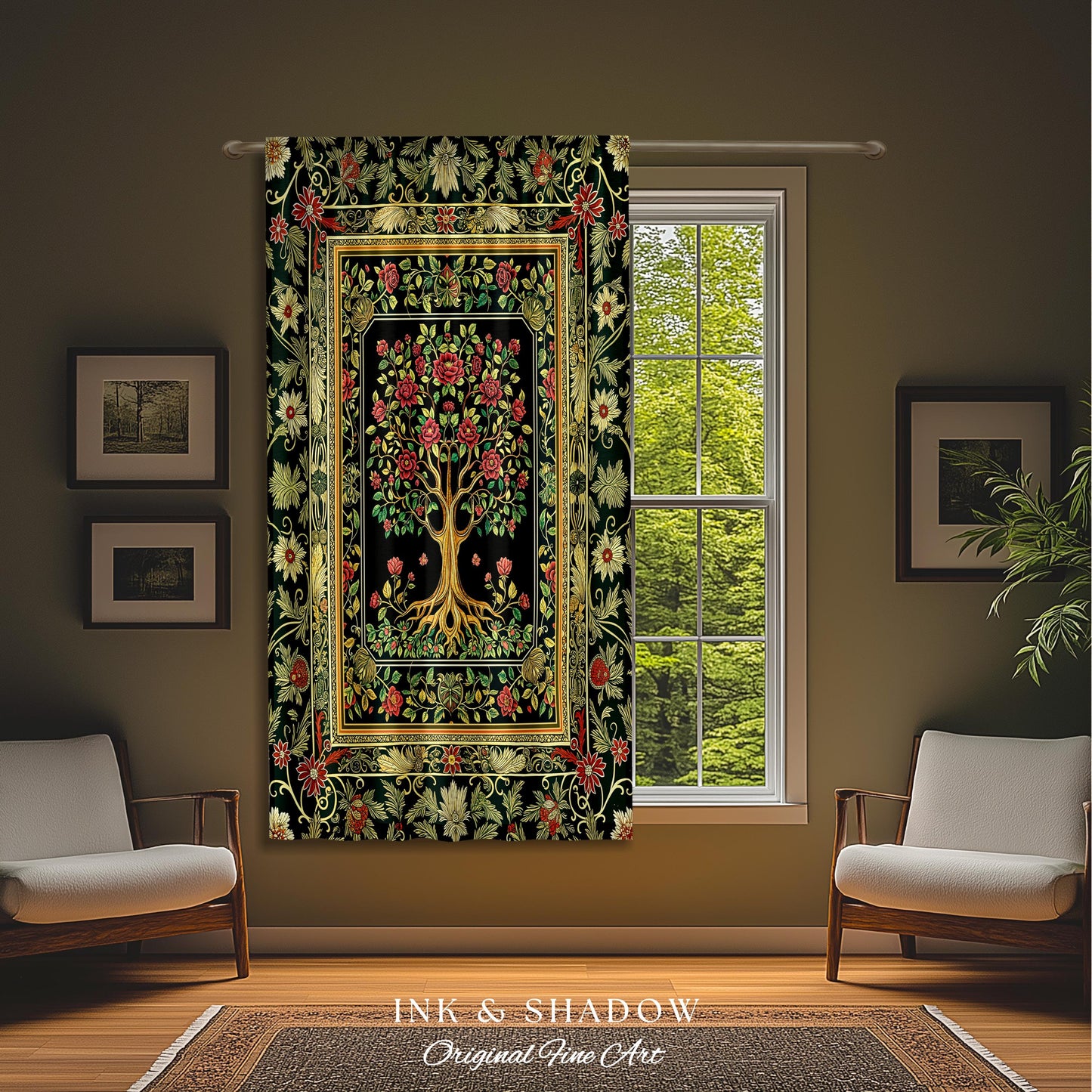 Floral Victorian Garden Tree Curtain | Baroque Floral Design Folk Art Inspired Medieval Botanical Decor Romantic Rococo Cottagecore Drapes |