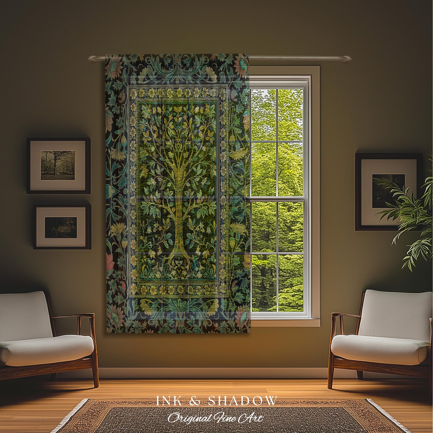 Elegant Cool Toned Tree Curtain | Enchanted Bohemian Decor Ornate Botanical Accent Romantic Maximalist Gothic Style Living Room Drapes Boho