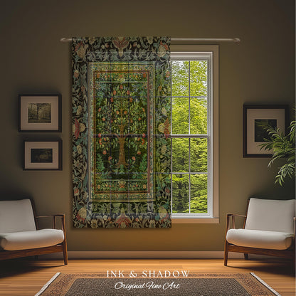 Medieval Folk Art Dark Floral Curtain | Ornate Tree of Life Morris Style Fairytale Folklore Cottagecore Botanical Drapes Decor Jewel Tones |