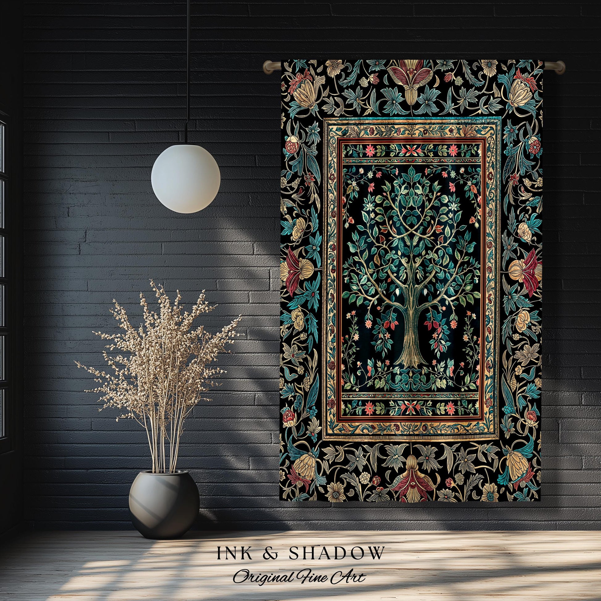 Mystic Ornamental Morris Inspired Tree Curtain | Cool Tones Botanical Design Fairytale Floral Drapes Romantic Aesthetic Rococo Cottagecore |