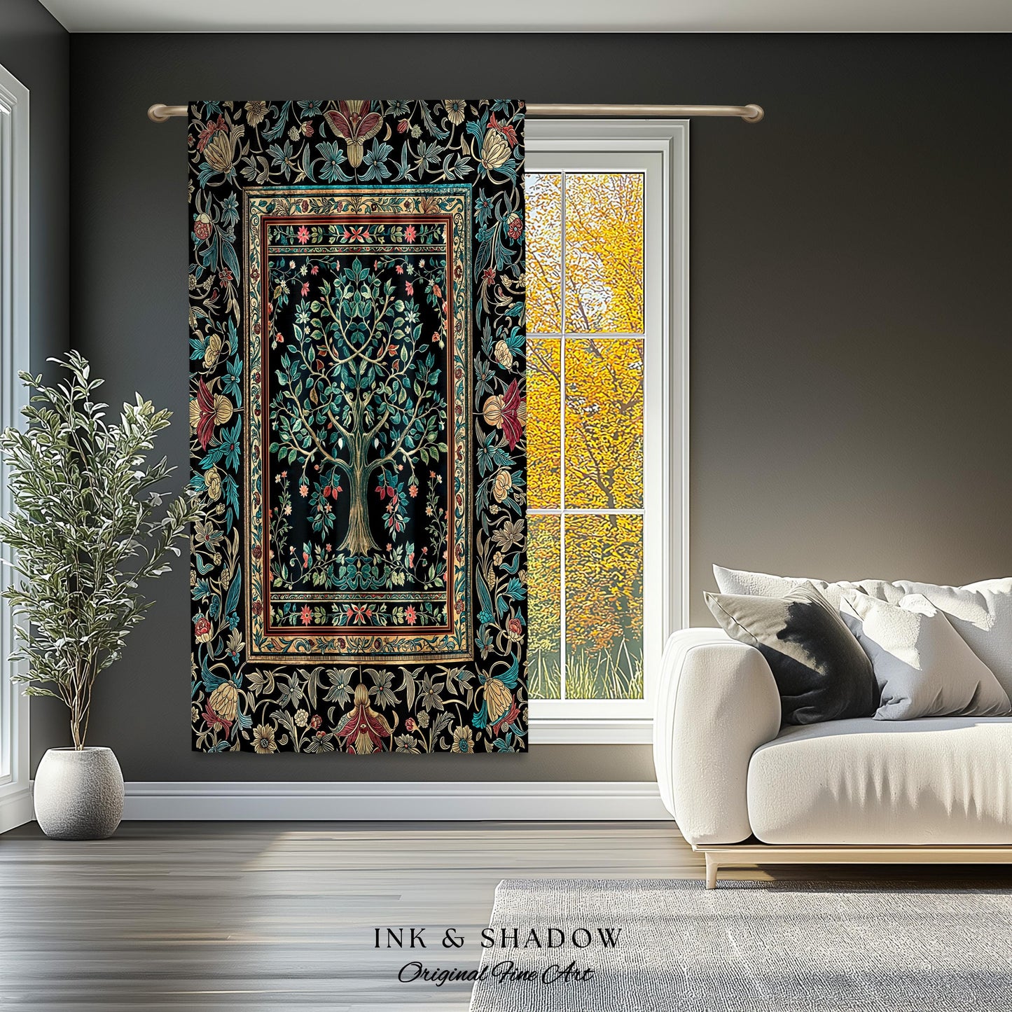 Mystic Ornamental Morris Inspired Tree Curtain | Cool Tones Botanical Design Fairytale Floral Drapes Romantic Aesthetic Rococo Cottagecore |