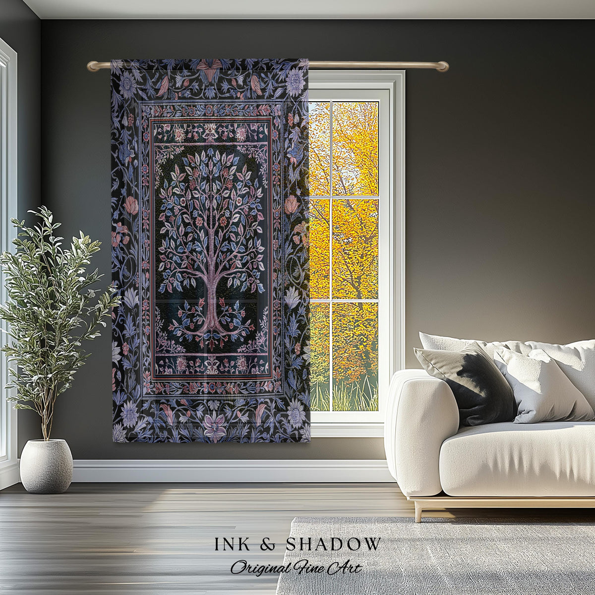 Whimsical Lavender Tree of Life Curtains | Pastel Botanical Theme Romantic Cottagecore Decor Medieval Gothic Style Vintage Folk Art Drapes |