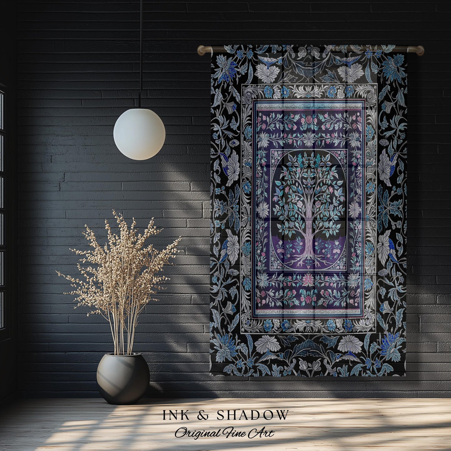 Icy Blue Pastel Gothic Tree Drapes | Dark Academia Home Accent Romantic Botanical Vintage Floral Maximalist Cottagecore Decor Goth Curtains