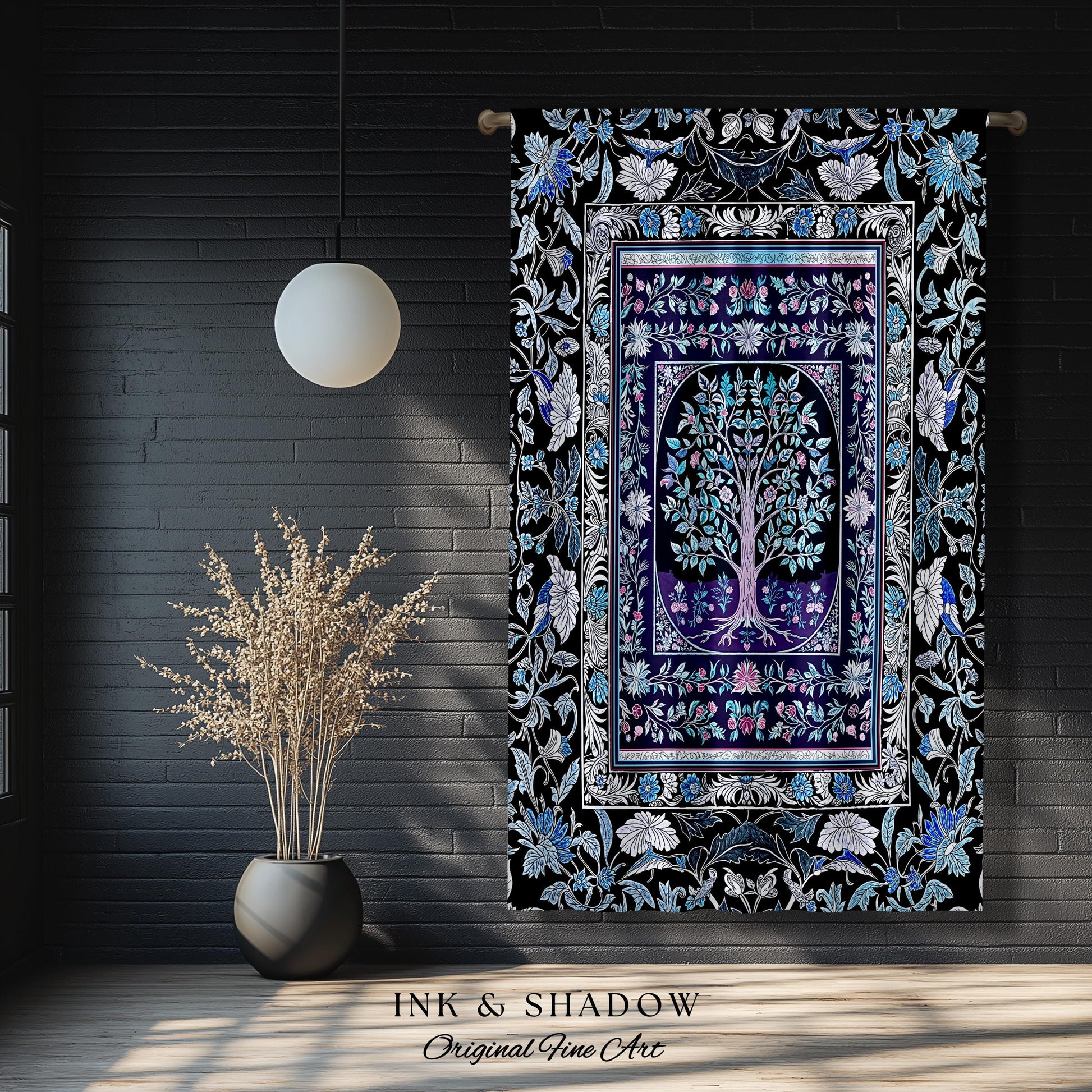 Icy Blue Pastel Gothic Tree Drapes | Dark Academia Home Accent Romantic Botanical Vintage Floral Maximalist Cottagecore Decor Goth Curtains
