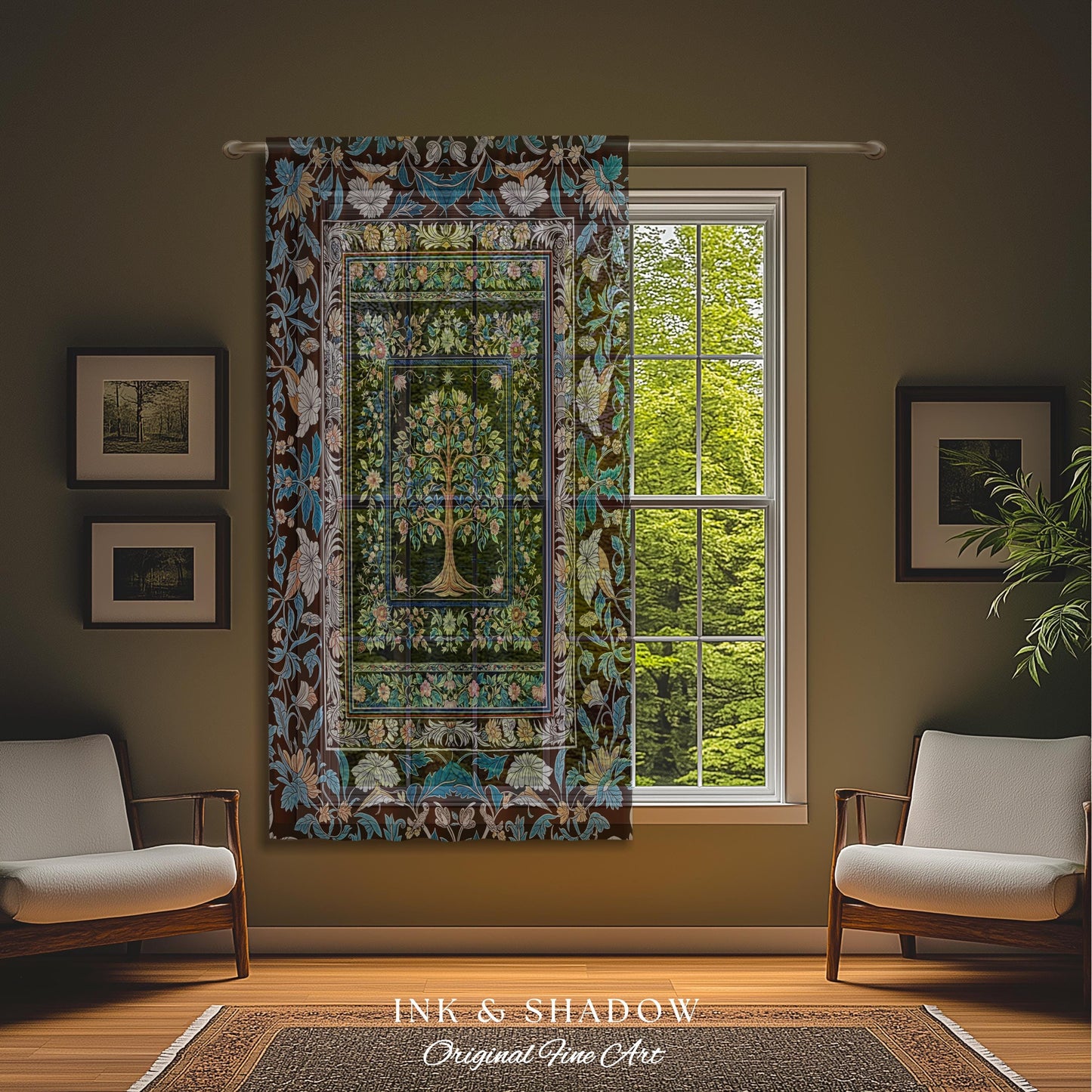 Ornate Grove Tree of Life Curtain | Lush Floral Detailing Heirloom Tapestry Drapes Baroque Nature Theme Cottagecore Living Room Decor Accent