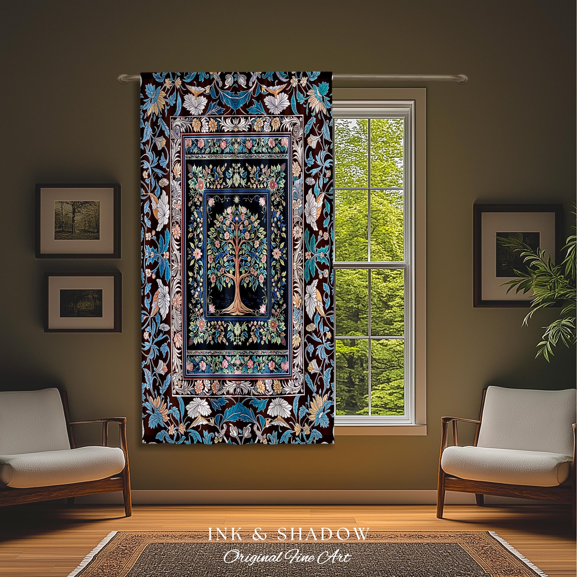 Ornate Grove Tree of Life Curtain | Lush Floral Detailing Heirloom Tapestry Drapes Baroque Nature Theme Cottagecore Living Room Decor Accent