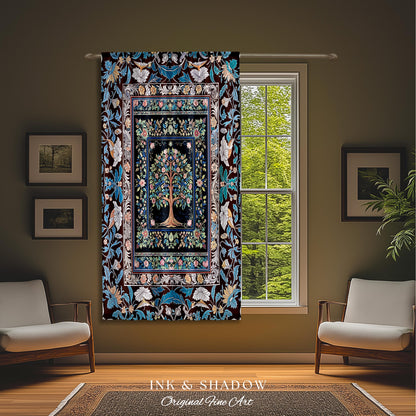 Ornate Grove Tree of Life Curtain | Lush Floral Detailing Heirloom Tapestry Drapes Baroque Nature Theme Cottagecore Living Room Decor Accent