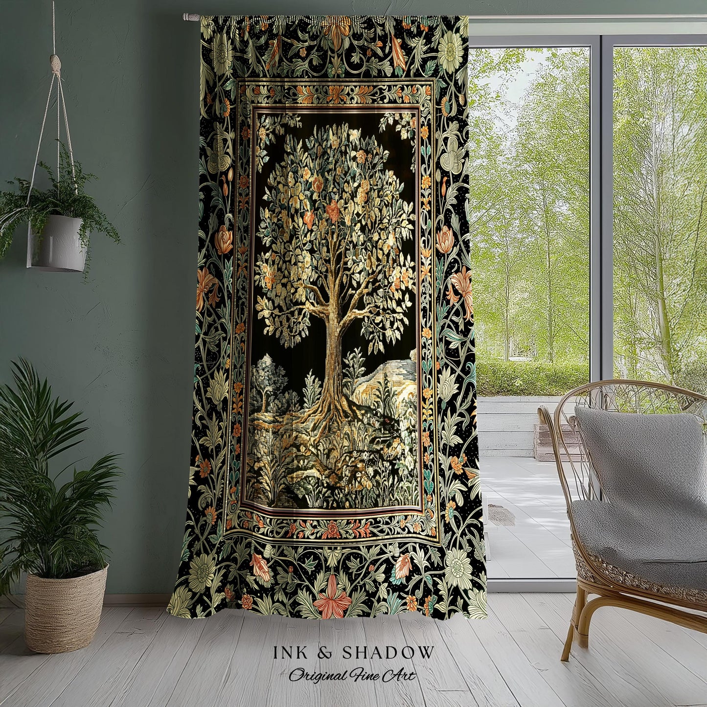 Regal Woodland Tree Curtains | Floral Heritage Decor Drapes Parisian Style Gothic Cottagecore Aesthetic Traditional Room Accent Chateaucore