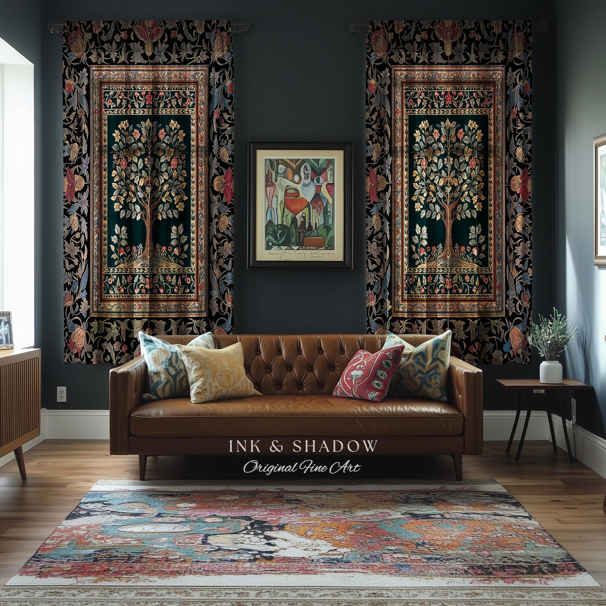 Victorian Folk Art Tree Curtain | Floral Morris Inspired Accent Drapes Red Roses Ornate Rococo Classical Medieval Garden Design Maximalist |