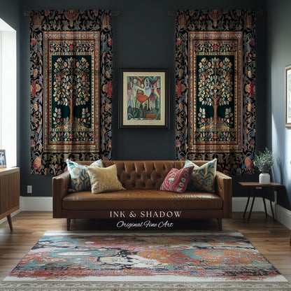 Victorian Folk Art Tree Curtain | Floral Morris Inspired Accent Drapes Red Roses Ornate Rococo Classical Medieval Garden Design Maximalist |