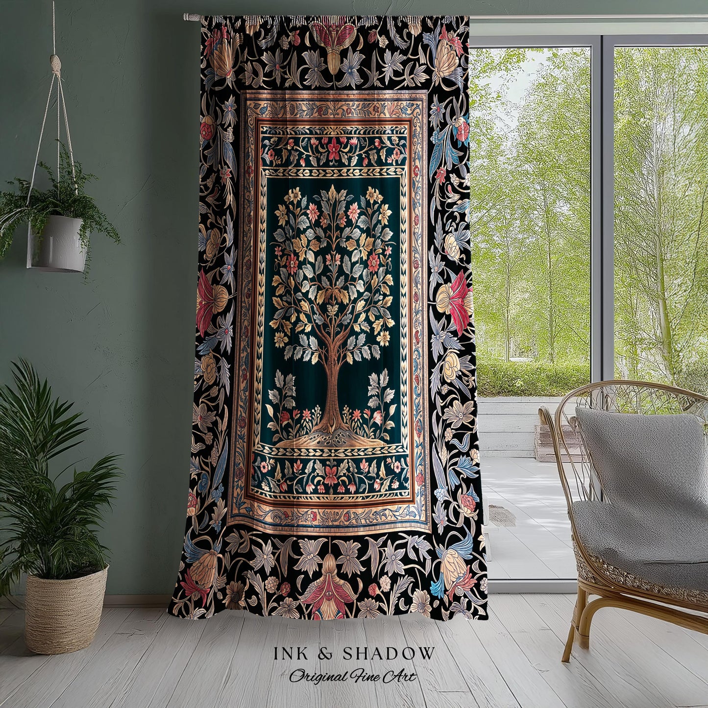 Victorian Folk Art Tree Curtain | Floral Morris Inspired Accent Drapes Red Roses Ornate Rococo Classical Medieval Garden Design Maximalist |