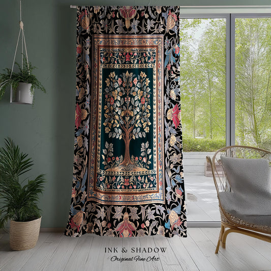Victorian Folk Art Tree Curtain | Floral Morris Inspired Accent Drapes Red Roses Ornate Rococo Classical Medieval Garden Design Maximalist |