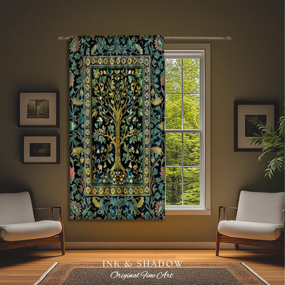Elegant Cool Toned Tree Curtain | Enchanted Bohemian Decor Ornate Botanical Accent Romantic Maximalist Gothic Style Living Room Drapes Boho