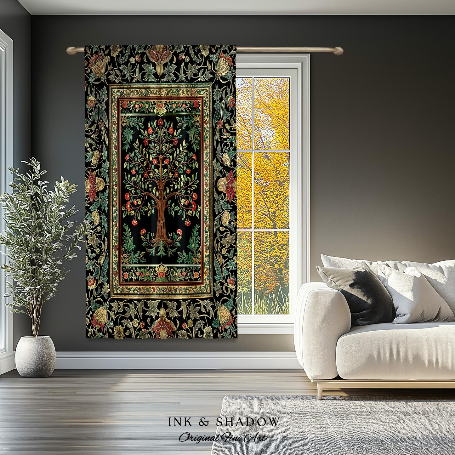 Medieval Folk Art Dark Floral Curtain | Ornate Tree of Life Morris Style Fairytale Folklore Cottagecore Botanical Drapes Decor Jewel Tones |