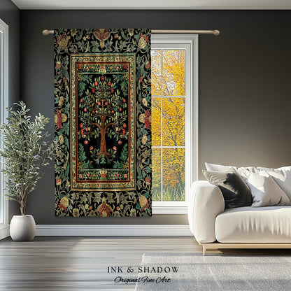 Medieval Folk Art Dark Floral Curtain | Ornate Tree of Life Morris Style Fairytale Folklore Cottagecore Botanical Drapes Decor Jewel Tones |
