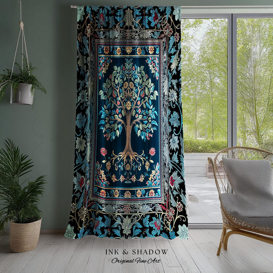 Moody Gothic Blues Tree of Life Curtain | Mystical Garden Theme Vintage Floral Decor Romantic Folk Art Forestcore Maximalist Bedroom Drapes