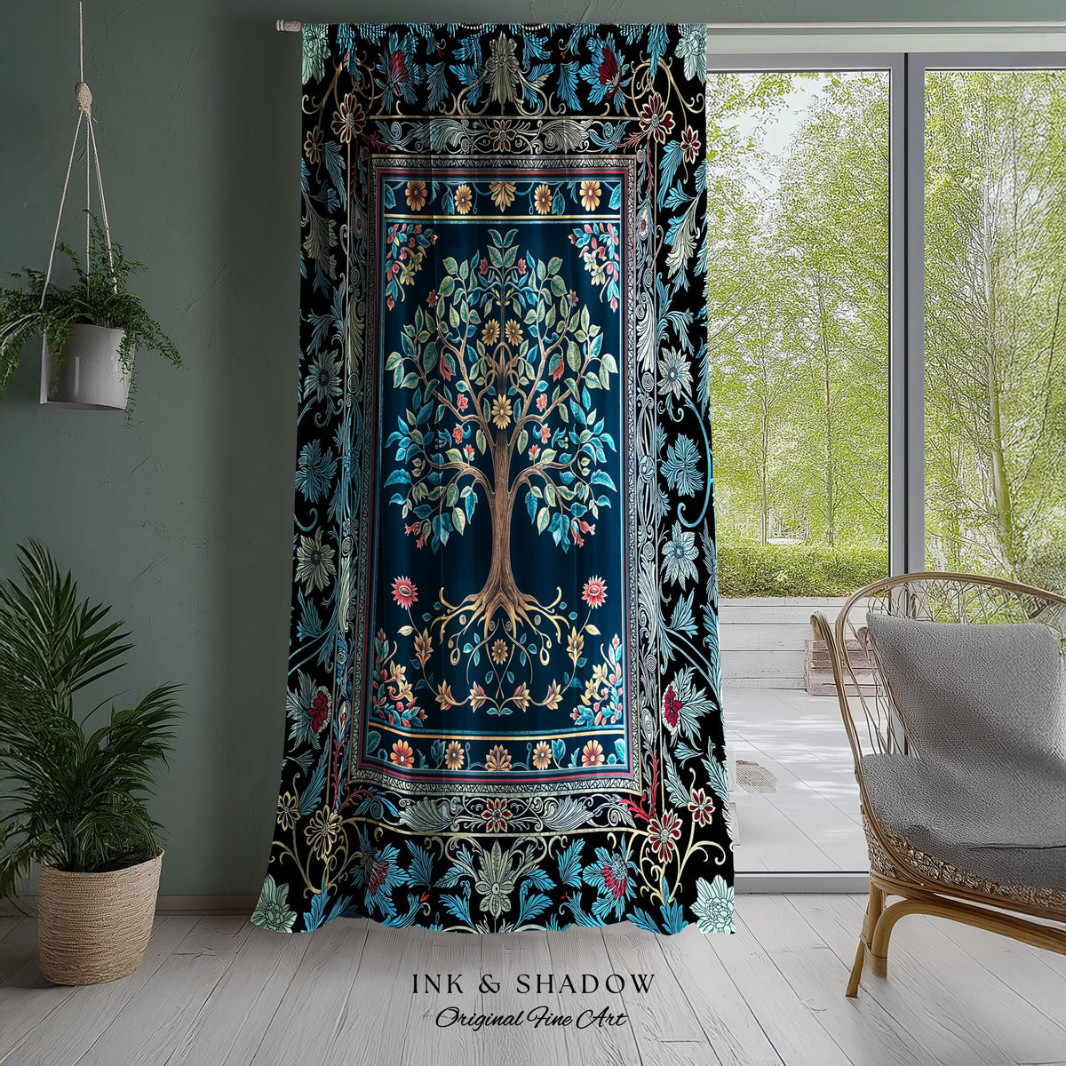 Moody Gothic Blues Tree of Life Curtain | Mystical Garden Theme Vintage Floral Decor Romantic Folk Art Forestcore Maximalist Bedroom Drapes