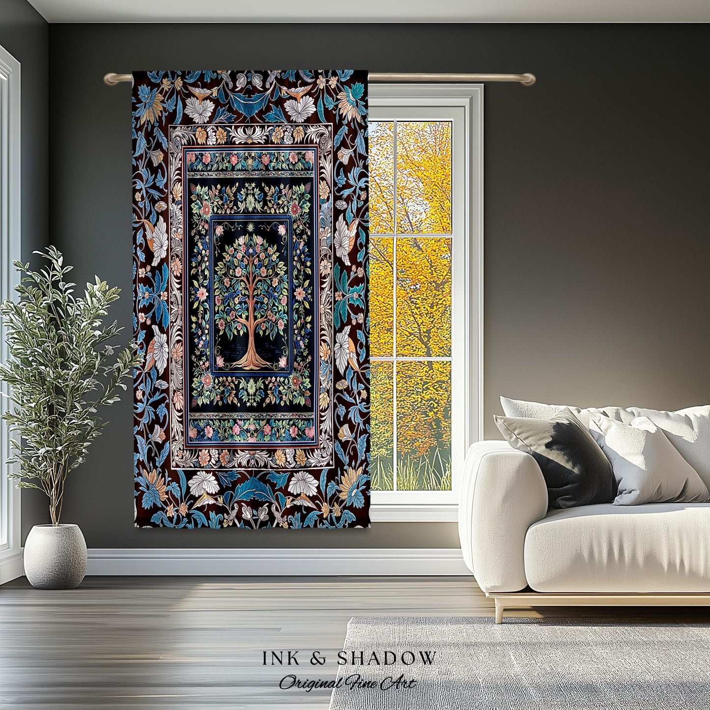 Ornate Grove Tree of Life Curtain | Lush Floral Detailing Heirloom Tapestry Drapes Baroque Nature Theme Cottagecore Living Room Decor Accent