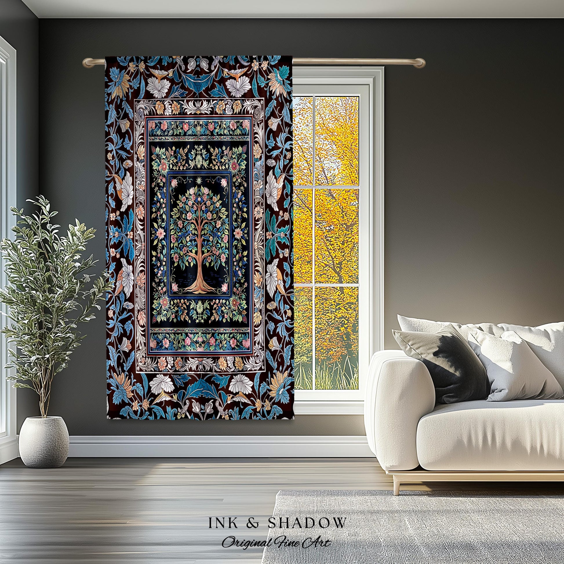 Ornate Grove Tree of Life Curtain | Lush Floral Detailing Heirloom Tapestry Drapes Baroque Nature Theme Cottagecore Living Room Decor Accent