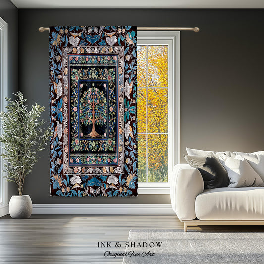 Ornate Grove Tree of Life Curtain | Lush Floral Detailing Heirloom Tapestry Drapes Baroque Nature Theme Cottagecore Living Room Decor Accent