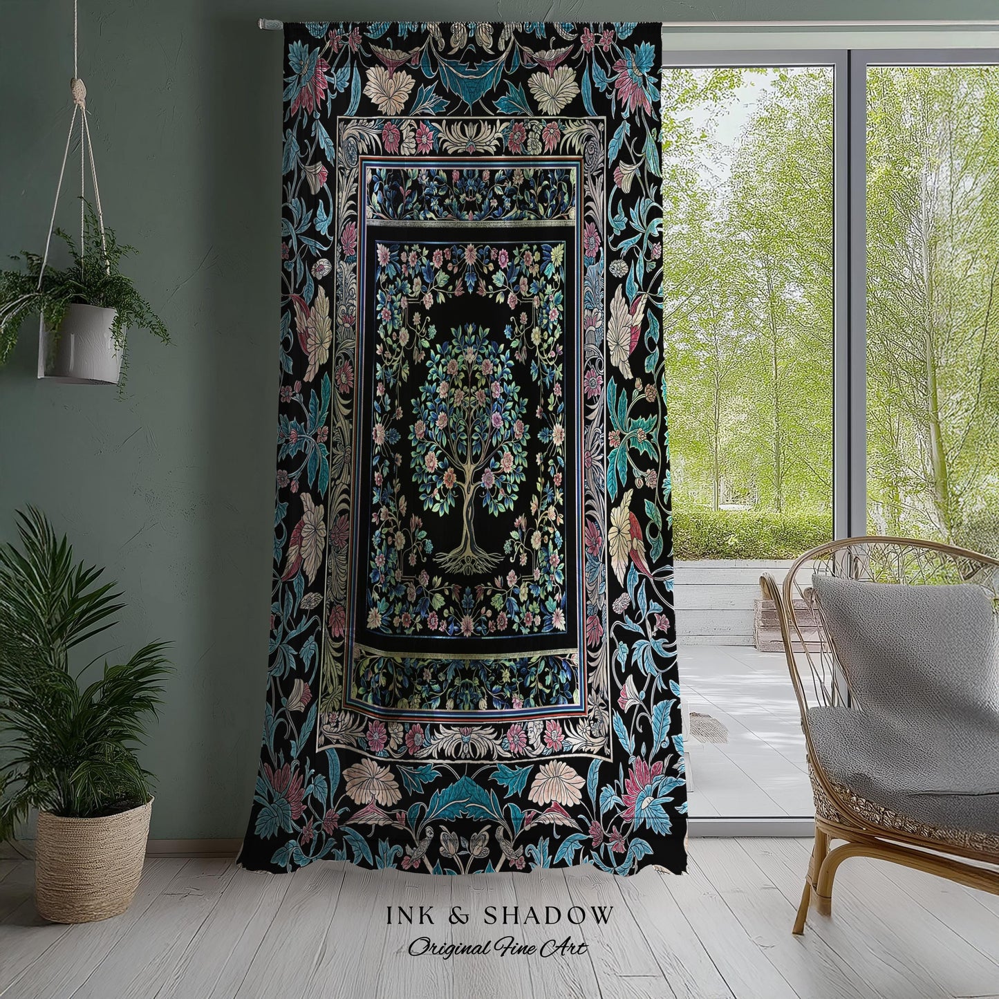 Timeless Folklore Tree Accent Curtains | Gothic Floral Medieval Ornate Nature Motif Romantic Garden Aesthetic Drapes Decor Maximalist Home