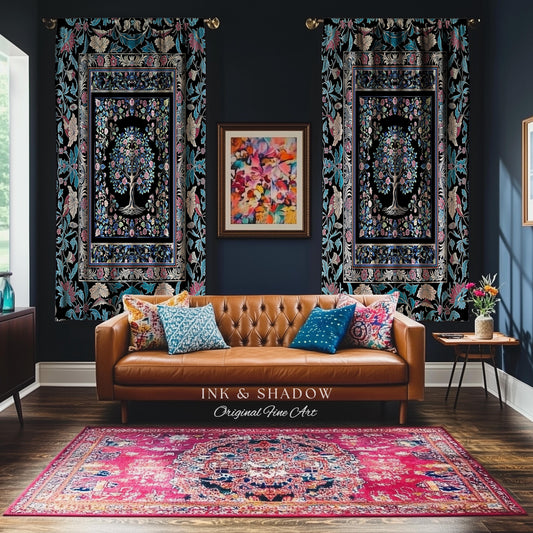 Timeless Folklore Tree Accent Curtains | Gothic Floral Medieval Ornate Nature Motif Romantic Garden Aesthetic Drapes Decor Maximalist Home